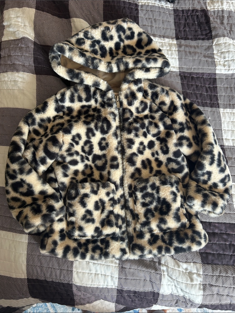 Old Navy Leopard Print Faux Fur Hooded Jacket - Beige and Black